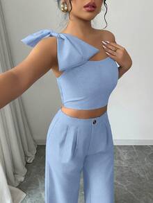 Elenzga 女士优雅时尚通勤休闲舒适迷人度假无袖不对称大蝴蝶结装饰后背抽绳腰直筒裤纯色纹理面料两件套 - 藍色 - 查看 4
