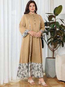 Lacomfia Plus Size Casual Printed Patchwork Long Sleeve Loose Fit Dress, Spring/Autumn Fall - Khaki - View 3