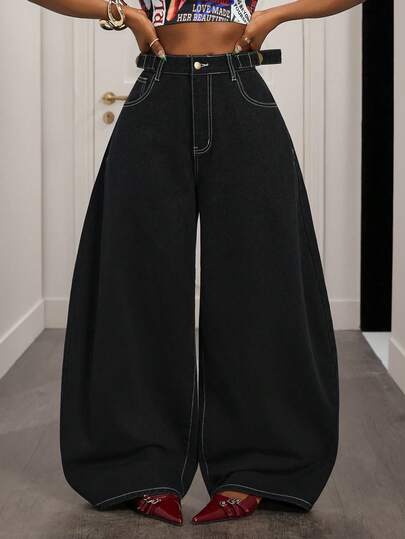 Slaydiva Women's Casual Loose Fit Slant Pocket Wide Leg Jeans