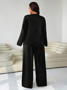 SHEIN EZwear Damen Große Größen 2 Stücke Set: Locker sitzendes Rundhals T-Shirt und gerade geschnittene Hose - Schwarz - Übersicht 2