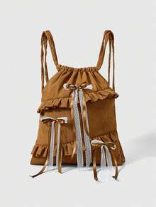 ROMWE Fairycore Vintage Brown Corduroy Ruffle & Bow Decor Backpack, Y2K Kawaii Drawstring Bag For School & Daily Outfits - Multicolor - coffee - View 1