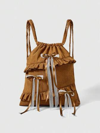 Fairycore Mochila vintage de pana marrón con volantes y lazo decorativo, bolsa de cordón estilo Kawaii Y2K para la escuela y atuendos diarios