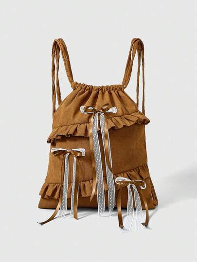 Fairycore Vintage Brown Corduroy Ruffle & Bow Decor Backpack, Y2K Kawaii Drawstring Bag For School & Daily Outfits