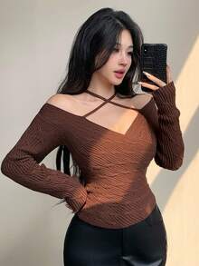 DAZY Áo len dệt kim tay dài cổ yếm hở vai màu trơn thanh lịch dành cho nữ, Thu/Đông Y2K - Cà phê nâu - Xem 3