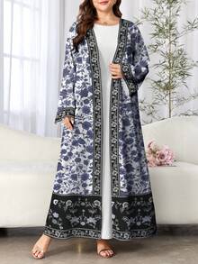 SHEIN Najma 女士印花长袖休闲阿拉伯长袍，适合春秋季穿着 - 彩色 - 查看 1