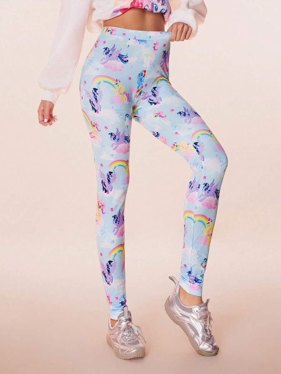 My Little Pony X SHEIN 女士弹力可爱卡通小马印花打底裤 - 彩色 - 查看 1