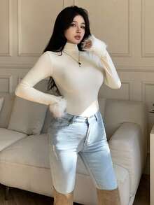 DAZY Capa base de manga larga ajustada con cuello alto y estampado de animales en patchwork para mujer, otoño/invierno - Beis - Ver 10