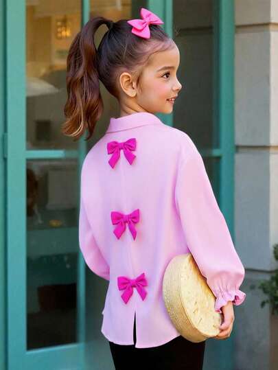 SHEIN Girls' Casual Elegant Sweet Pink Butterfly Decor Ruffle Hem Long Sleeve Blouse