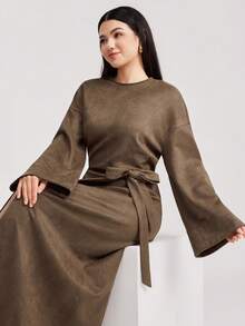 Veilorie Women's Elegant Commuter Solid Color Bell Sleeve Top With Tie-Waist Wrap Skirt 2-Piece Set - Brown - View 1