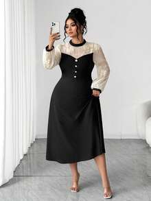 SHEIN Elenzya Plus Size Solid Color Patchwork Embroidery Decor Long Sleeve Decorative Button Elegant Evening Dress, Formal Women Dresses For Party, Autumn/Winter - Multicolor - View 7