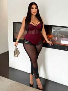 SHEIN SXY 大码女士性感酒红色吊带网纱拼接紧身胸衣连体衣，适合街头、休闲、性感、日常旅行、购物、约会等场合，清爽舒适，易于搭配，显瘦，凸显身材，修饰身形。 - 酒紅色 - 查看 5