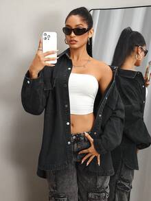 SHEIN Tall Women's Casual Versatile Denim Jacket And Coat - Black - View 7