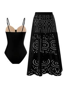 Swim Oasis V-Neck Caramel Brown Hollow Out One-Piece Swimsuit For Women - Black - View 2