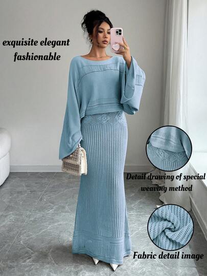 Elenzga Women's Autumn/Winter Casual Vintage Hollow Floral Knit Sweater Set, Versatile Outfit For Vacation, Independence Day, Labor Day, Columbus Day, Thanksgiving, Valentine's Day, Street Style, Elegant Work/School Wear