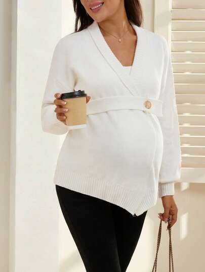 SHEIN Maternity Solid Color Drop Shoulder Long Sleeve Waist Single Button Casual Knit Cardigan