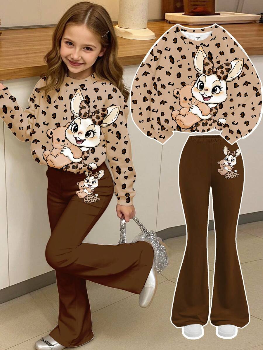 SHEIN Leap Crew Back-To-School Brown Autumn Cute School Tween Girl Leopard Print Cartoon Rabbit Loose Sweatshirt And Fitted Flare Leg Pants 2 Pieces Collegiate Set - Multicolor - View 1