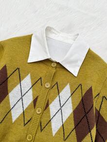 SHEIN Unity Áo khoác cardigan dệt kim cổ tròn, cài cúc đơn, họa tiết hình thoi màu xanh lá cây lấy cảm hứng từ rau củ muối chua, mẫu mới Xuân/Hè 2026, thích hợp mặc đi làm và dạo phố. - xanh quân đội - Xem 3