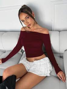 SHEIN EZwear 女士露肩修身休闲长袖T恤，酒红色，春秋季 - 酒紅色 - 查看 7