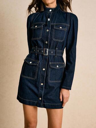 Poéselle Damjeansklänning, höstlångärmad avslappnad jeansklänning, enkelknäppt design med flera fickor, midjeåtsittande klänning, mörkblå, lämplig för dejter, vardagsbruk eller arbete.