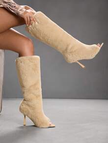 CUCCOO SZL Women's Fashionable Furry Peep-Toe High Heel Over-The-Knee Boots For Christmas - Apricot - View 1
