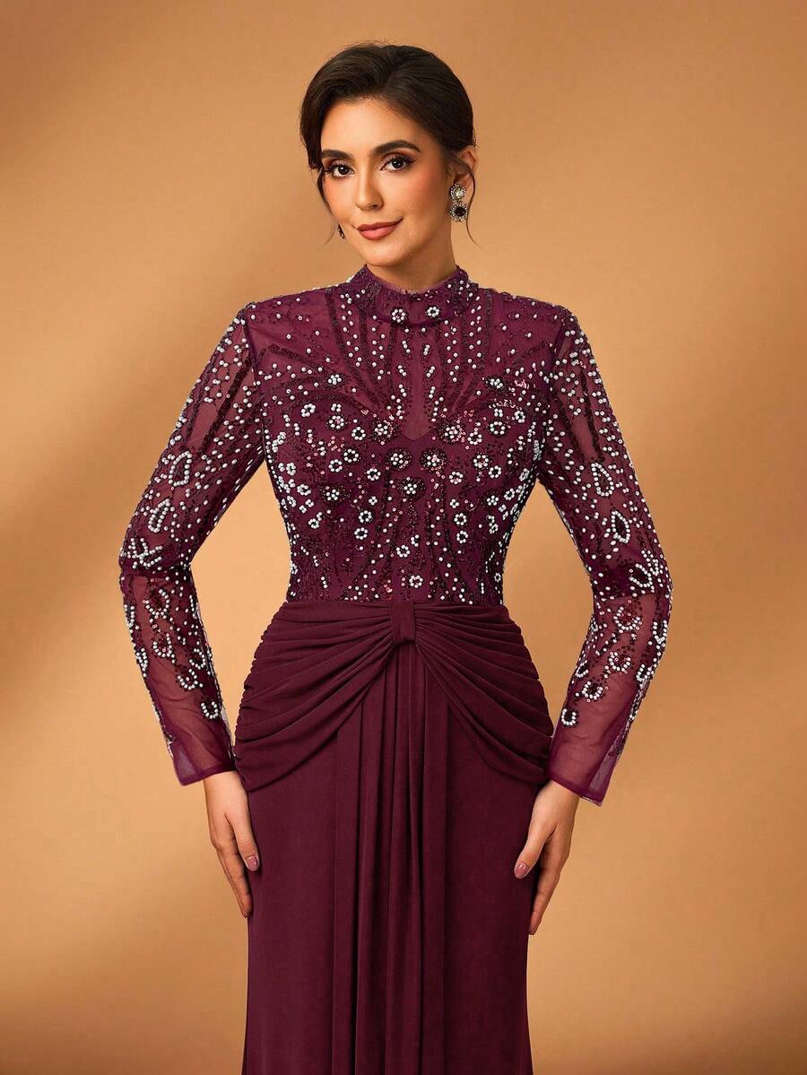 Serin 优雅奢华串珠亮片花卉透明长袖弹力针织美人鱼长裙，适合婚礼、派对、度假、庆典、新娘送礼会、新娘母亲礼服（大量装饰） - 酒紅色 - 查看 1