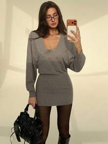 Aloruh Grey Casual Sexy Deep V-Neck Long Sleeve Loose Top & Tight Mini Dress For Women - Grey - View 3