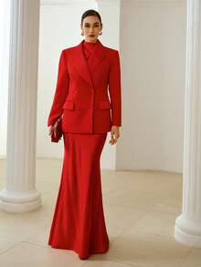 ZEYLAH Satin Patchwork Elegant Women's Blazer Jacket With Lapel Neck And Double-Breasted Buttons - Red - View 6