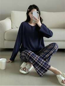 2pcs/Set Teen GirlComfortable Casual Ribbed Black Top And Classic Plaid Pants Pajama Set - Multicolor - View 1