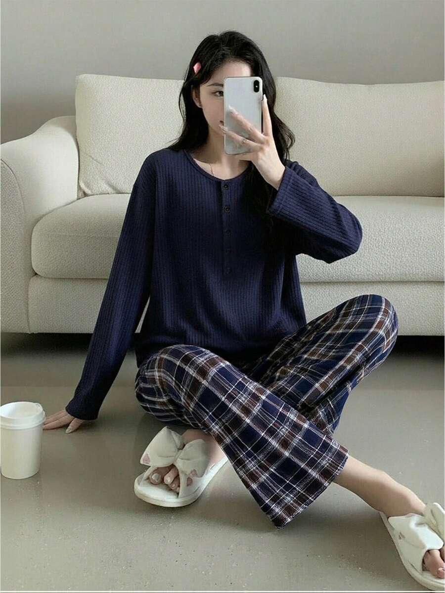 2pcs/Set Teen GirlComfortable Casual Ribbed Black Top And Classic Plaid Pants Pajama Set - Multicolor - View 1