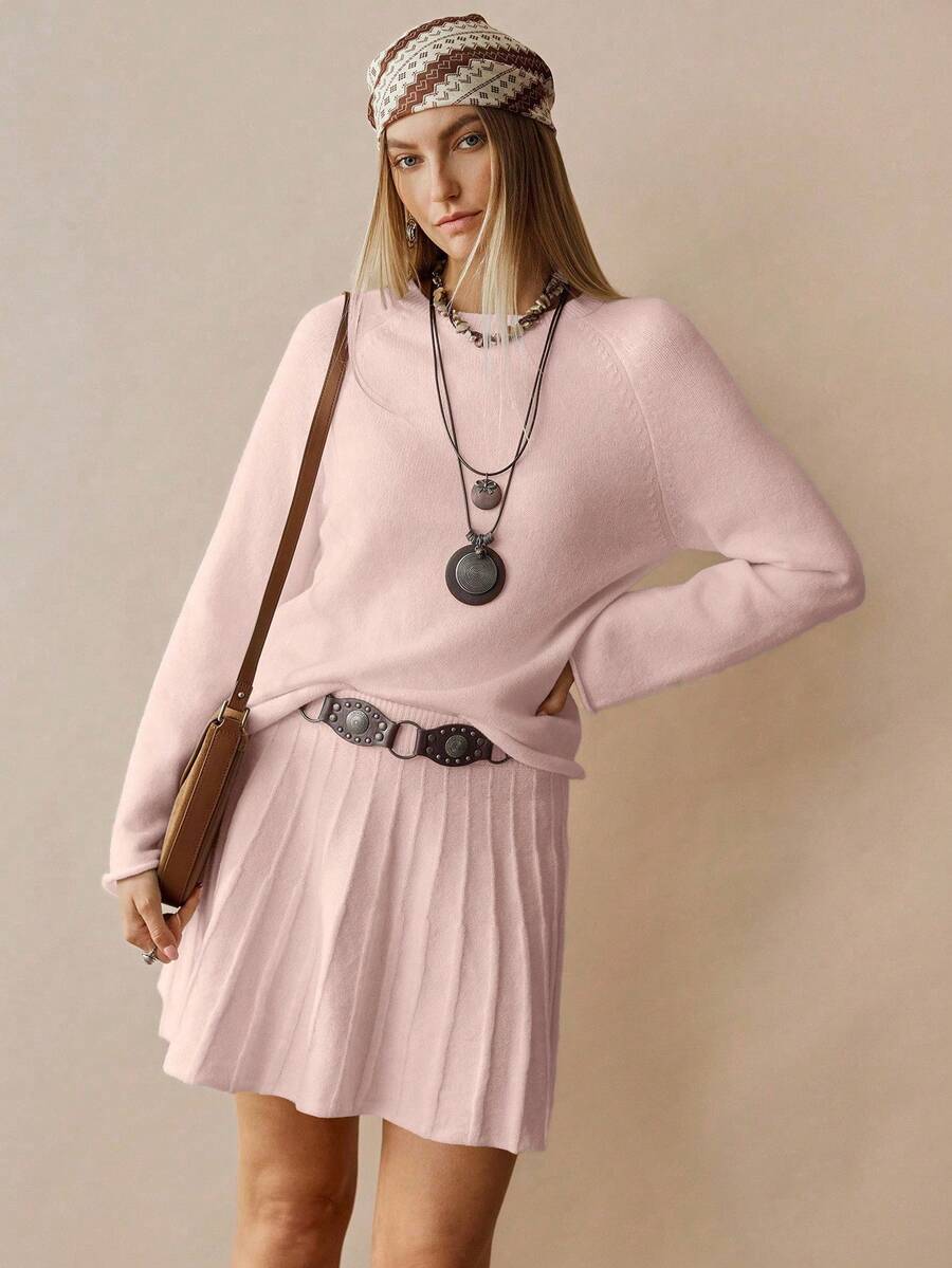 Florisole 2pcs/Set Collegiate Style Women Sweater & Skirt Outfit - Pink - View 1