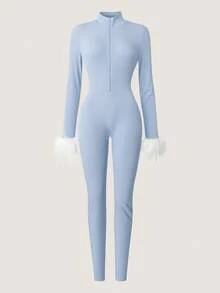 Chiquease 女士秋冬户外滑雪服，带拉链装饰的保暖紧身连体裤，浅蓝色 - 藍色 - 查看 3