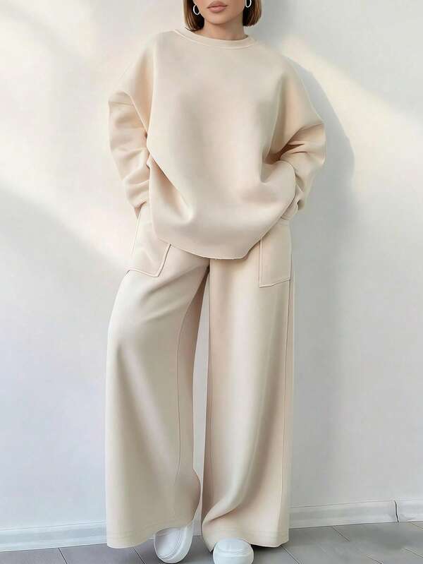 EMERY ROSE 2pcs Plus Size Set, Casual Simple Solid Color Round Neck Top And Pants For Daily Wear