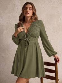 Elegantrix Gaun Pesta Renda Patchwork Wanita, Musim Gugur/Dingin - Hijau Tentara - View 5