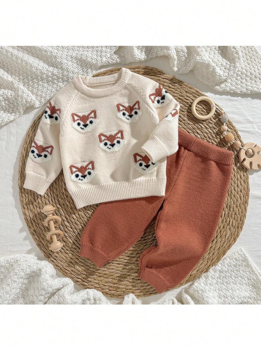 Loomiva 男婴可爱狐狸提花插肩袖毛衣+裤子两件套 - 彩色 - 查看 1