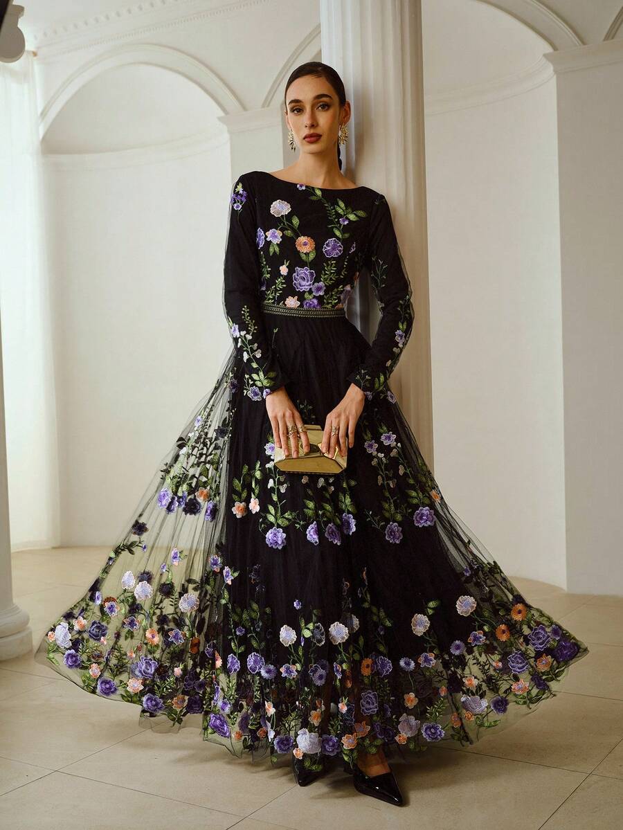 ZEYLAH 女士优雅花卉刺绣连衣裙 - 黑色 - 查看 1