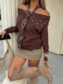 Siren Gaze Casual Fashionable Sexy Off Shoulder Long Sleeve Women Sweater Winter Brown - Brown - View 5
