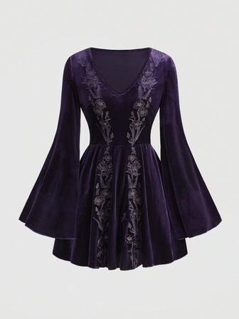 Goth Abito mini in velluto viola scuro con maniche a sbuffo e ricamo di erbe mistiche da strega