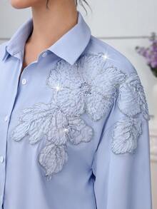 Modelyn Elegant Blue Studded 3D Sequins Floral Drop Shoulder Sleeve Fashionable Women Blouse - Blue - View 2