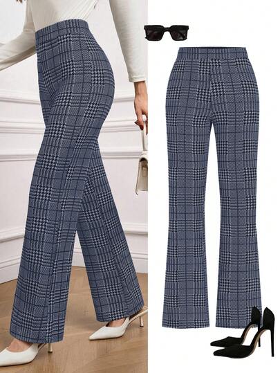 Ellevyn 优雅女士格子印花弹力针织裤，适合各种场合，例如夏季度假、优雅旅行和日常通勤。