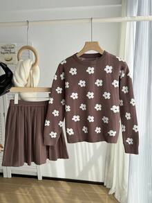 Tween Girls Ditsy Floral Brown Sweater & Pleated Skirt Set,Cute Back-To-School Autumn Holiday Outfit,Warm Soft Comfortable,Christmas Halloween Parties - Brown - View 4