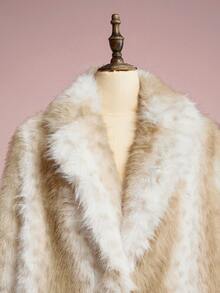 ROMWE EDITION 女士时尚优雅撞色仿皮草外套，秋冬款 - 杏色 - 查看 2