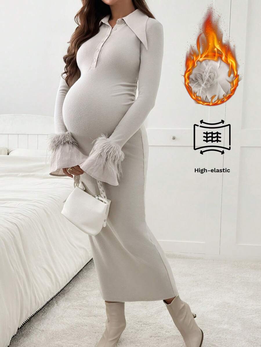 SHEIN 优雅纯色前扣长袖孕妇装 - 卡其色 - 查看 1