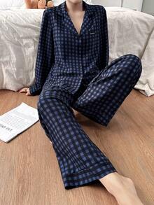 SHEIN 女士休闲宽松格子翻领长袖睡衣套装，秋冬服装 - 彩色 - 查看 3