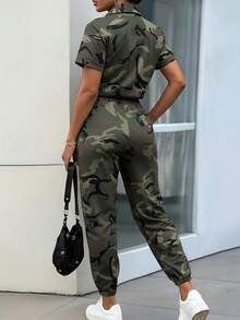 SHEIN LUNE 女式休闲V领束腰迷彩印花长款连体裤，春夏 - 彩色 - 查看 2