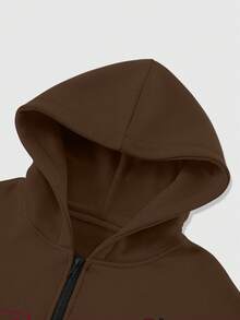 ROMWE MEN Goth Men's Casual Zip-Up Hoodie With Cross Pattern, Versatile Long Sleeve Sweatshirt - Coffee Brown - View 3
