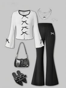 SHEIN Tween Girl Black And White Y2k Back-To-School 2Pcs Set,Contrast Bow Tie Bell Sleeve Long Sleeve T-Shirt Slim Fit Top And Embroidered Bell Pants,Autumn - Black and White - View 1