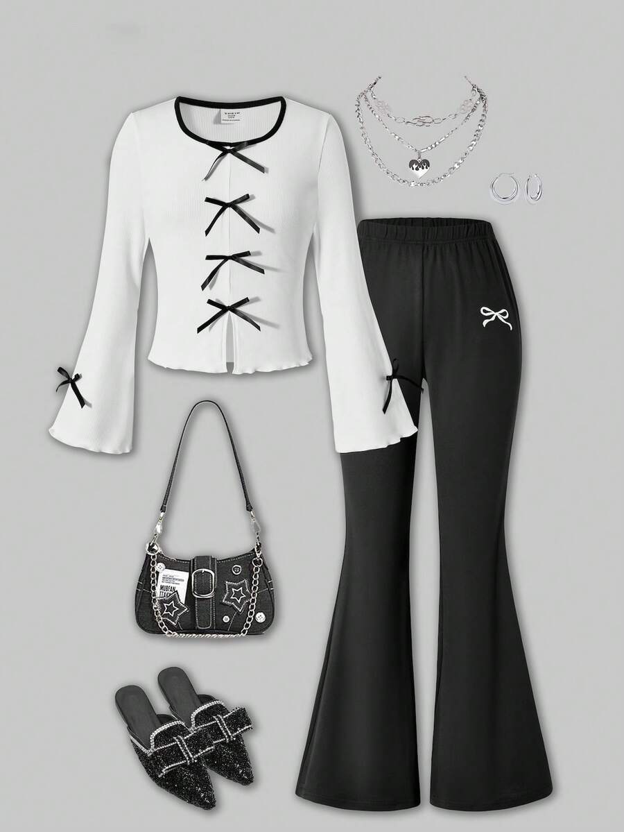 SHEIN Tween Girl Black And White Y2k Back-To-School 2Pcs Set,Contrast Bow Tie Bell Sleeve Long Sleeve T-Shirt Slim Fit Top And Embroidered Bell Pants,Autumn - Black and White - View 1