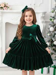 Váy dài tay dệt kim nhung xanh thanh lịch cho bé gái - màu xanh lá - Xem 1