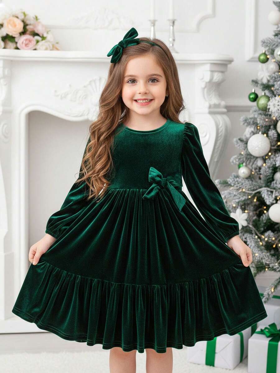 Váy dài tay dệt kim nhung xanh thanh lịch cho bé gái - màu xanh lá - Xem 1