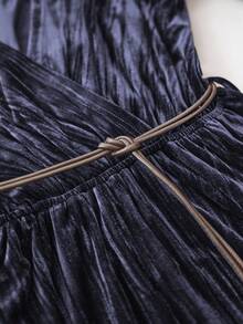 Aalyst 女士优雅高端正式办公通勤休闲婚礼宾客连衣裙，纯色丝绒面料，V领，松紧腰，喇叭下摆，皮带装饰，长袖，及地长裙 - 藏蓝色 - 查看 7